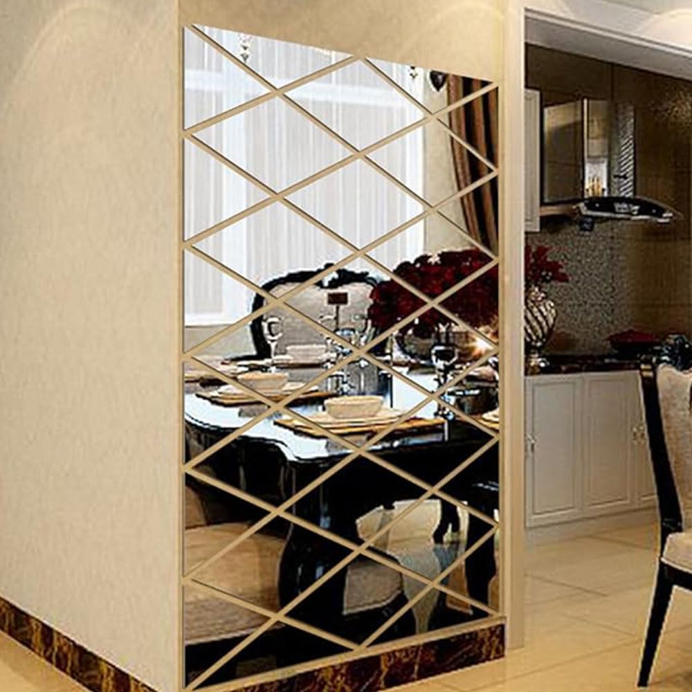 Diamant Spiegel Muurstickers,17-Stuks Acryl 3D Spiegel Muursticker Zelfklevende DIY Behang Spiegel Muursticker Spiegel Tegels Kunst Decoratie Behang,50 * 50cm,voor Thuis Woonkamer(Goudkleurig