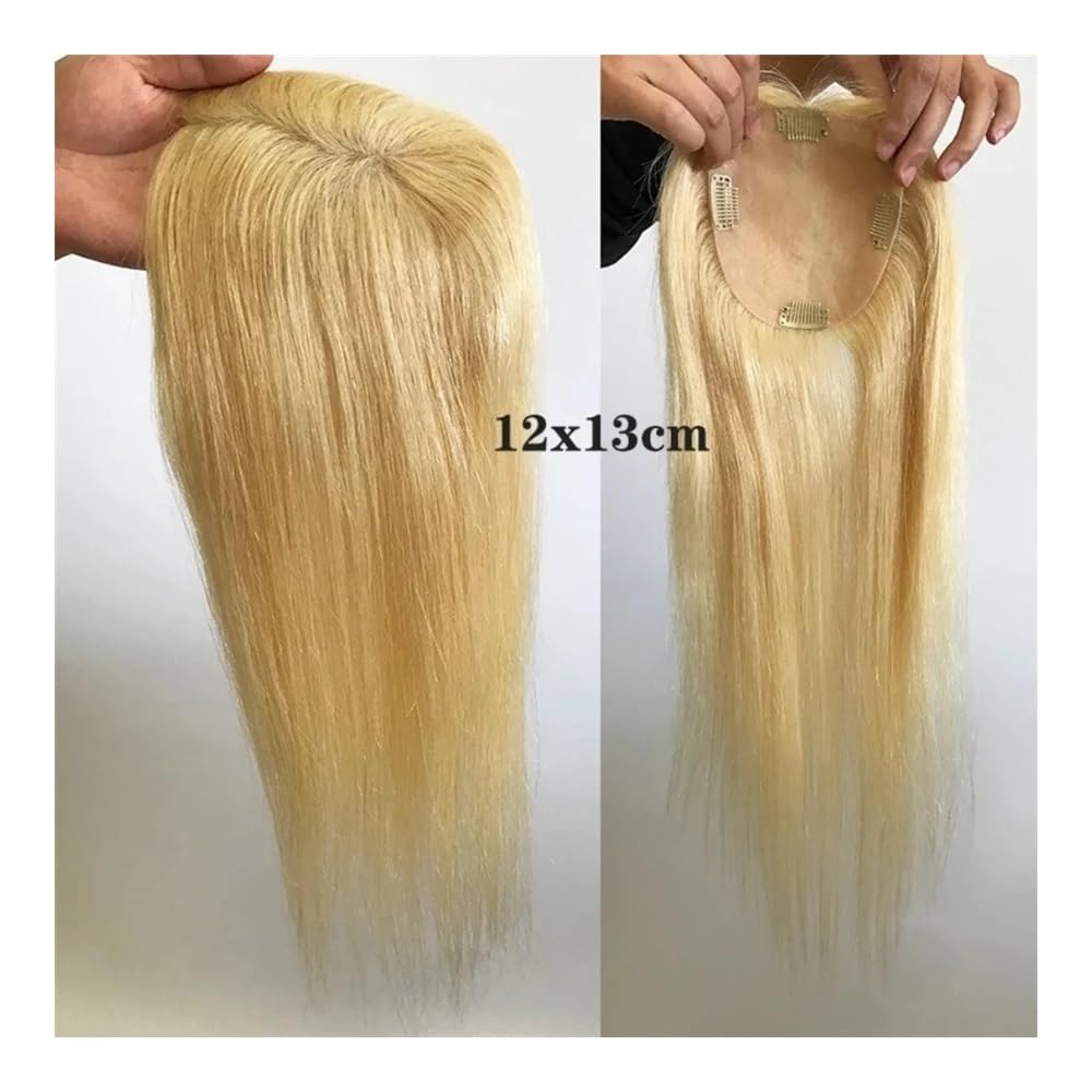 Suplement do włosów z ludzkich włosów jasny blond 12x13 cm, jedwabna podstawa, europejskie ze włosy, z antypoślizgowymi klipsami dla kobiet, zwiększające objętość włosów (16 cali)