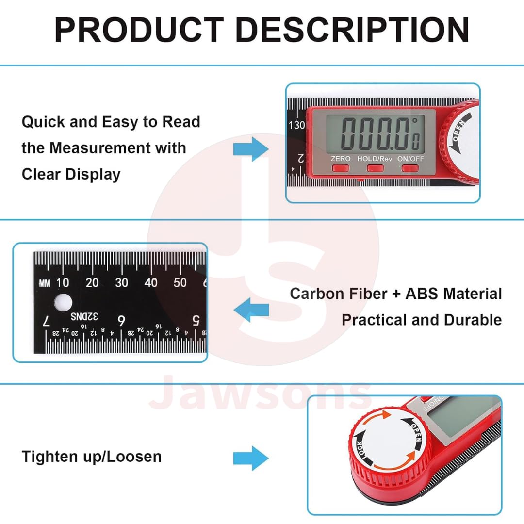 Jawsons™ Digital Angle Finder Ruler - 7 Inch/200mm Protractor Angle Measure Tool 360° Inclinometer Goniometer with LCD Display for Woodworking, Construction, and Repairing 2