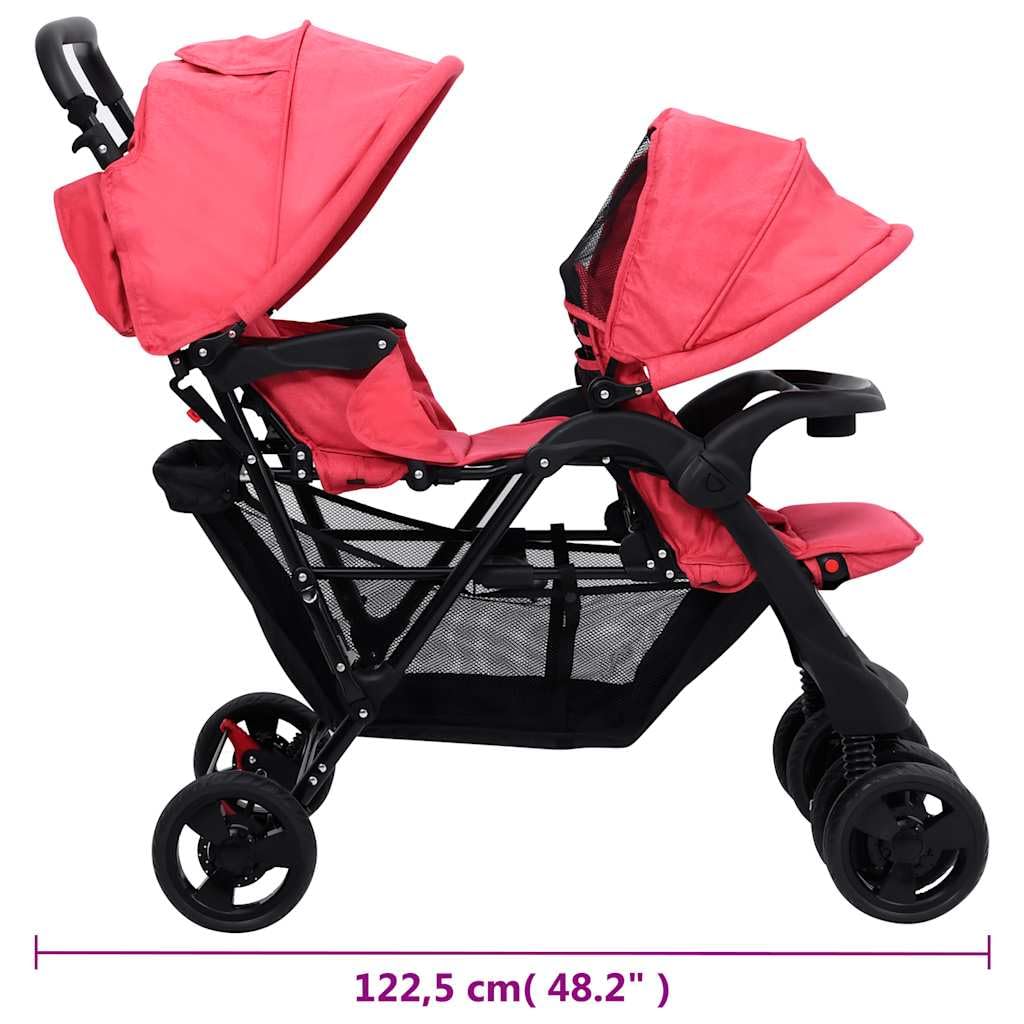 Passeggino gemellare, rosso, acciaio e lino, pieghevole, compatto, adatto per città e terreno, con tettuccio parasole e cestino, per neonati e bambini piccoli