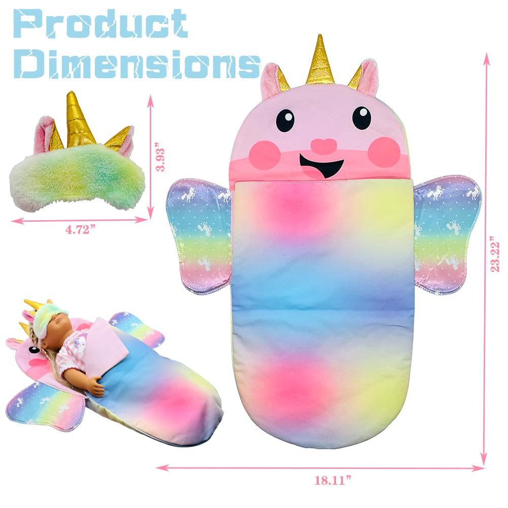 Baby Doll Sleeping Bag Toy Playset Rainbow Unicorn Doll Bedding Slumber Bed Accessories with Eye Mask Doll Unicorn Style Sleeping Bag (for 18 inch Doll)