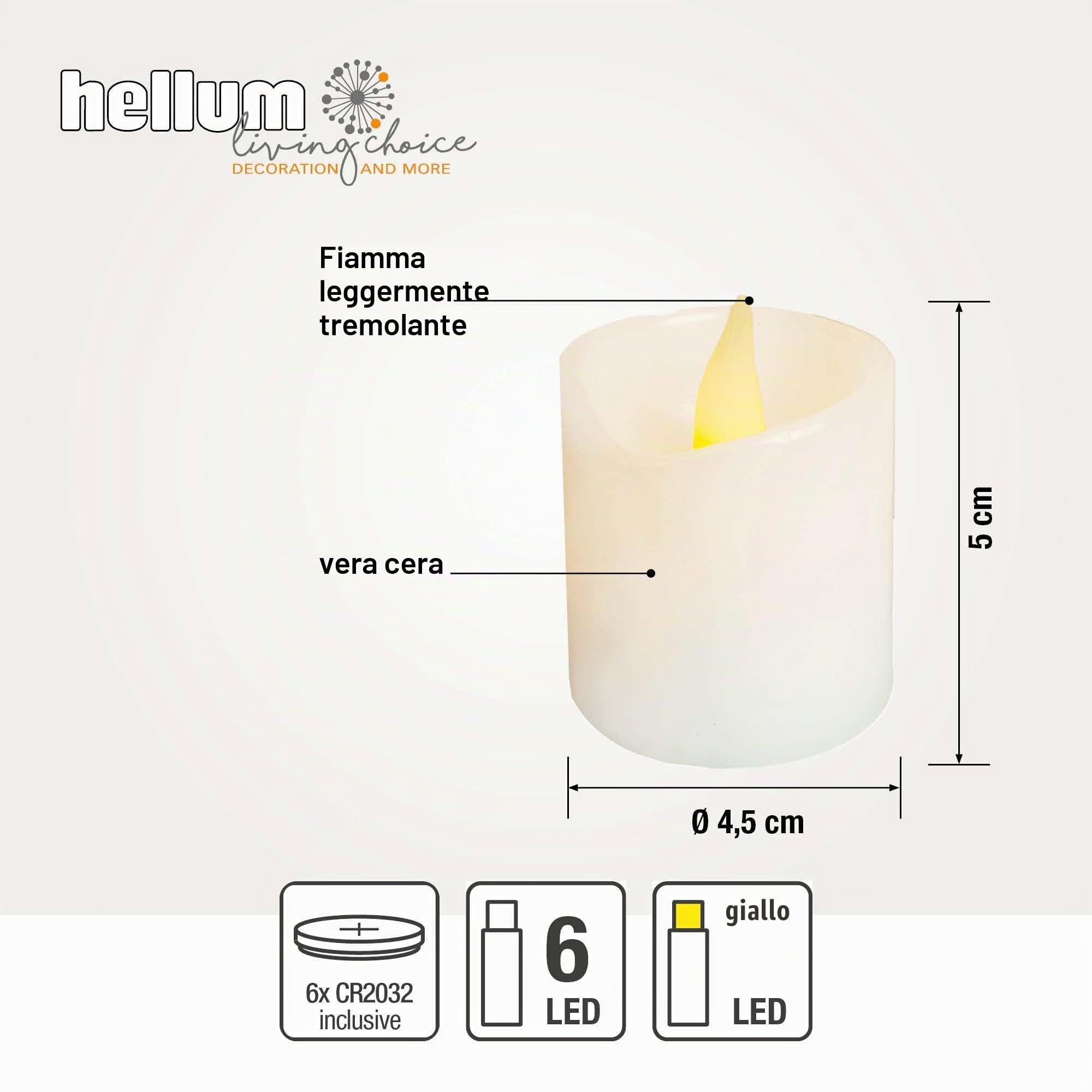 Hellum 6 candele a LED in vera cera, diametro 5 x 5 cm, funzionamento a batteria (6 x CR2032, incluse), per interni, decorazioni natalizie, candele di cera con LED bianco caldo 152760