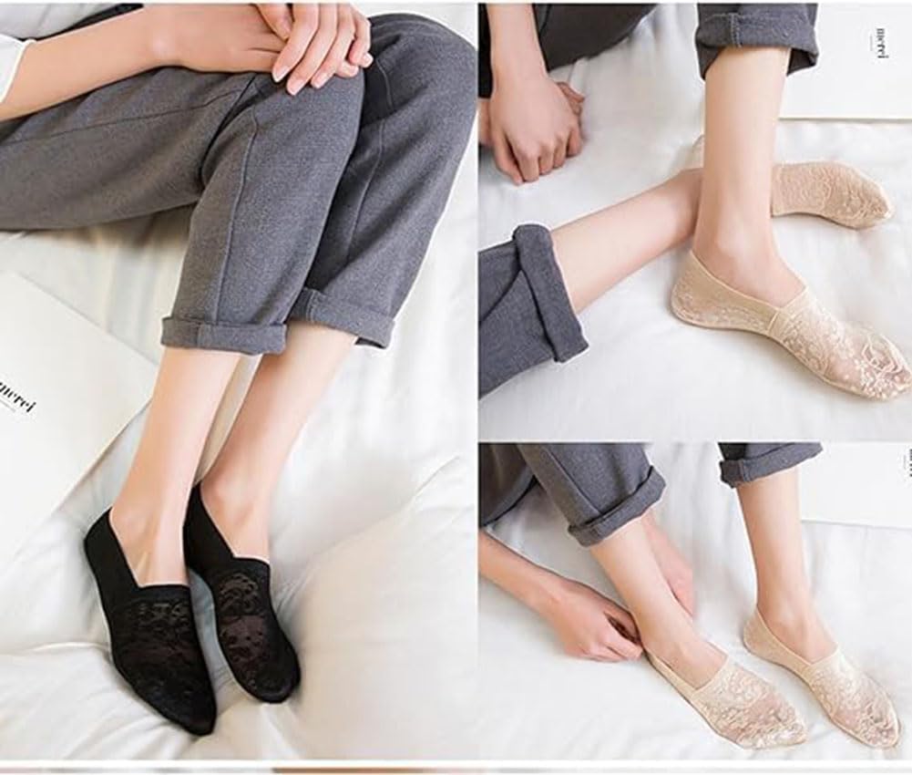 KIASRZN New Women's Lace Flower Cotton Bottom Invisible Socks,Women's No Show Lace Low Cut Socks (5 Pairs White,One Size)
