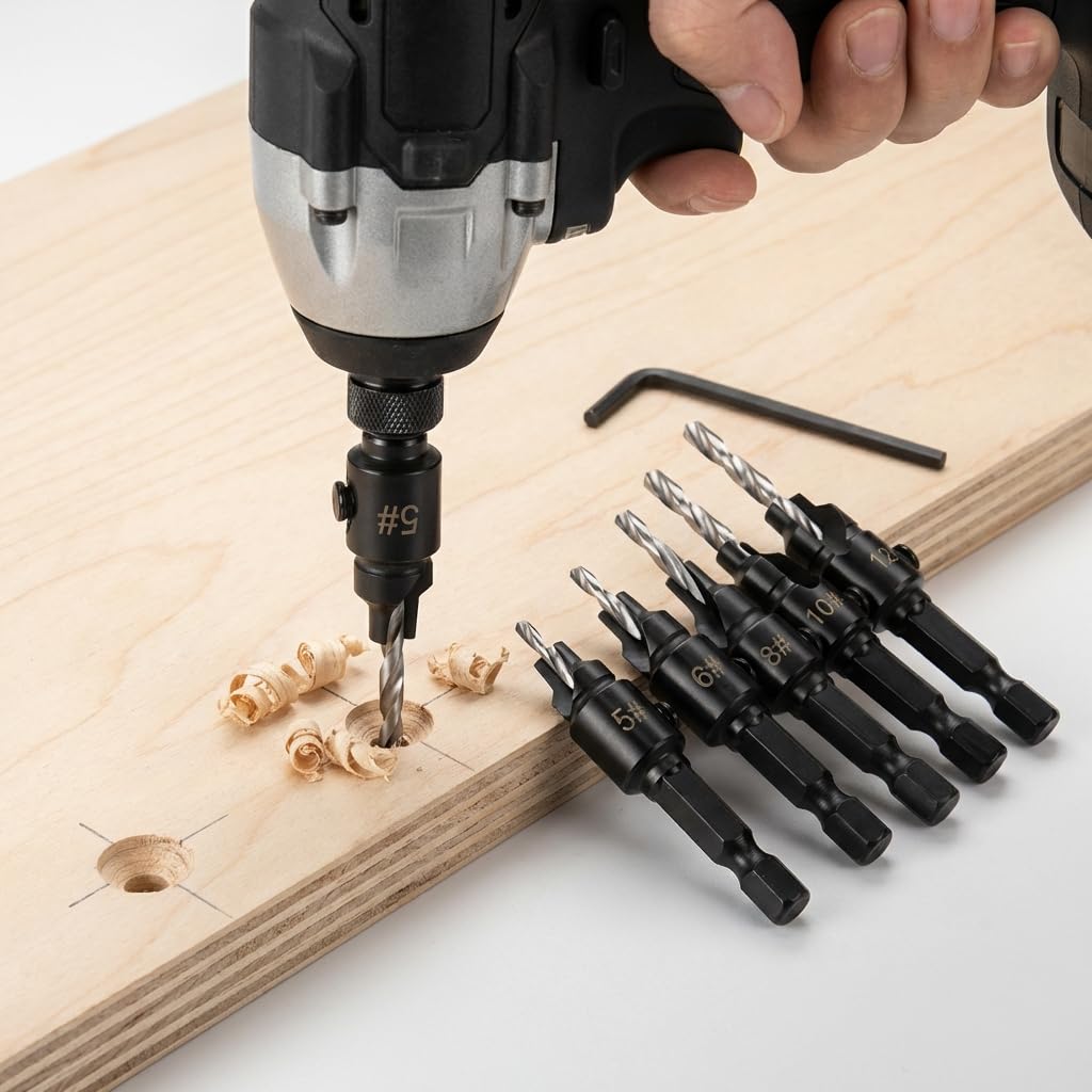 5Pcs Countersink Drill Bit Set 82°High Speed Steel Wear Resistant Punching Drill Bit 1/4 Inch Hex Shank Multiple Size Drill Bit Kit Woodworking Tool for Wood PVC Fiberboard Plywood