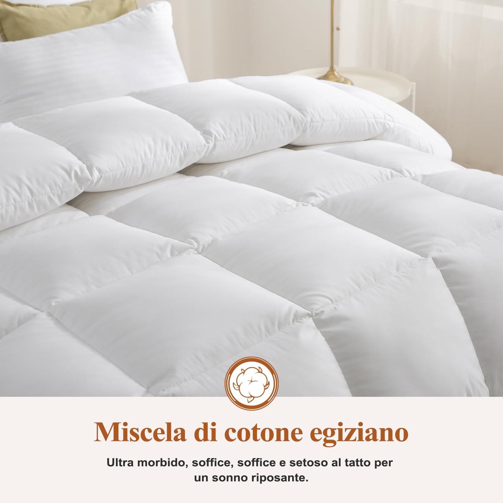 Piumino Una piazza e mezza 200 × 200 cm, 100% Puro Piumino e Piuma 4 Stagioni, Miscela di Cotone Egiziano Extra Morbido, Certificati Oeko-Tex e RDS