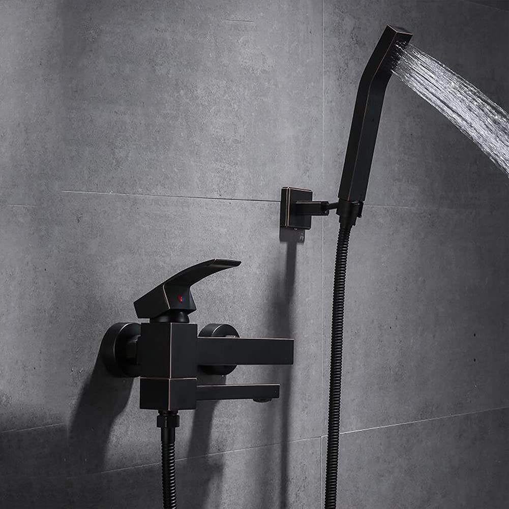 Moderno grifo de bañera montado en la pared con ducha de mano, grifo mezclador de latón, manguera de 150 cm, elegante acabado negro, ideal para mejorar el baño y experiencia de lujo de spa.
