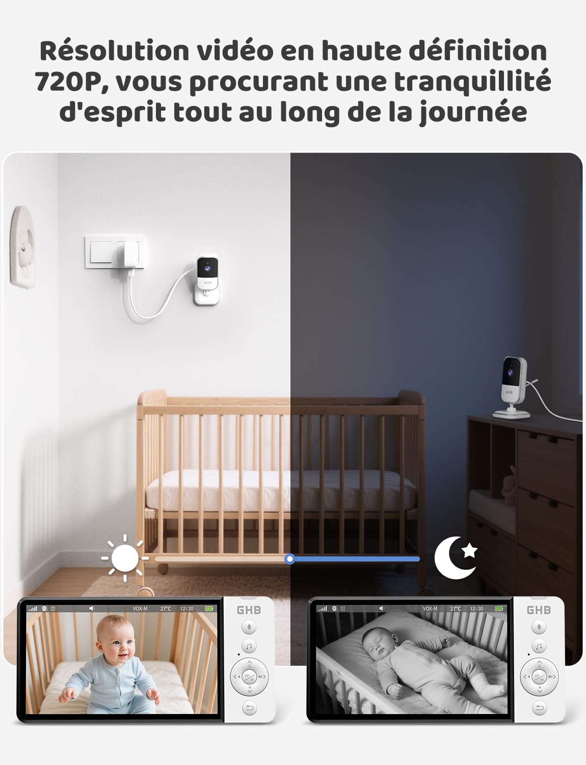 GHB Babyphone Camera 5" Camera Bebe Surveillance 720P HD 5000mAh Écran IPS VOX Capteur de Température Zoom 4X 8 Berceuses Bidirectionnel Volume Réglable sans WiFi