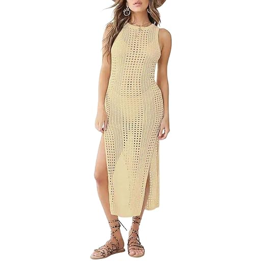 Bsubseach Women Beige Hollow Out Sleeveless Bikini Swimsuit Cover Up Swimwear Side Split Crochet Tank Beach Dress