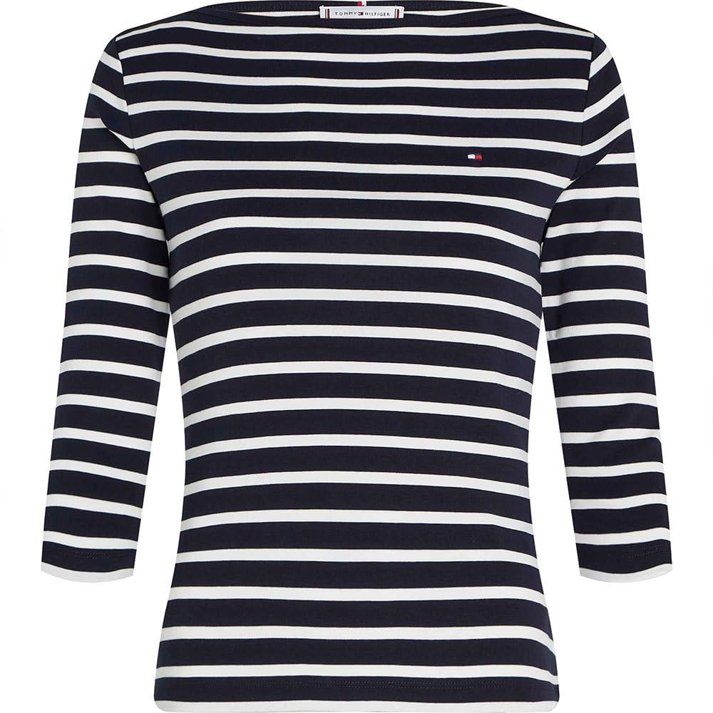 Tommy Hilfiger Women's Long Sleeve Slim Fit Boat Neck Top, Multicolor (Nos Breton Desert Sky/Ecru), M
