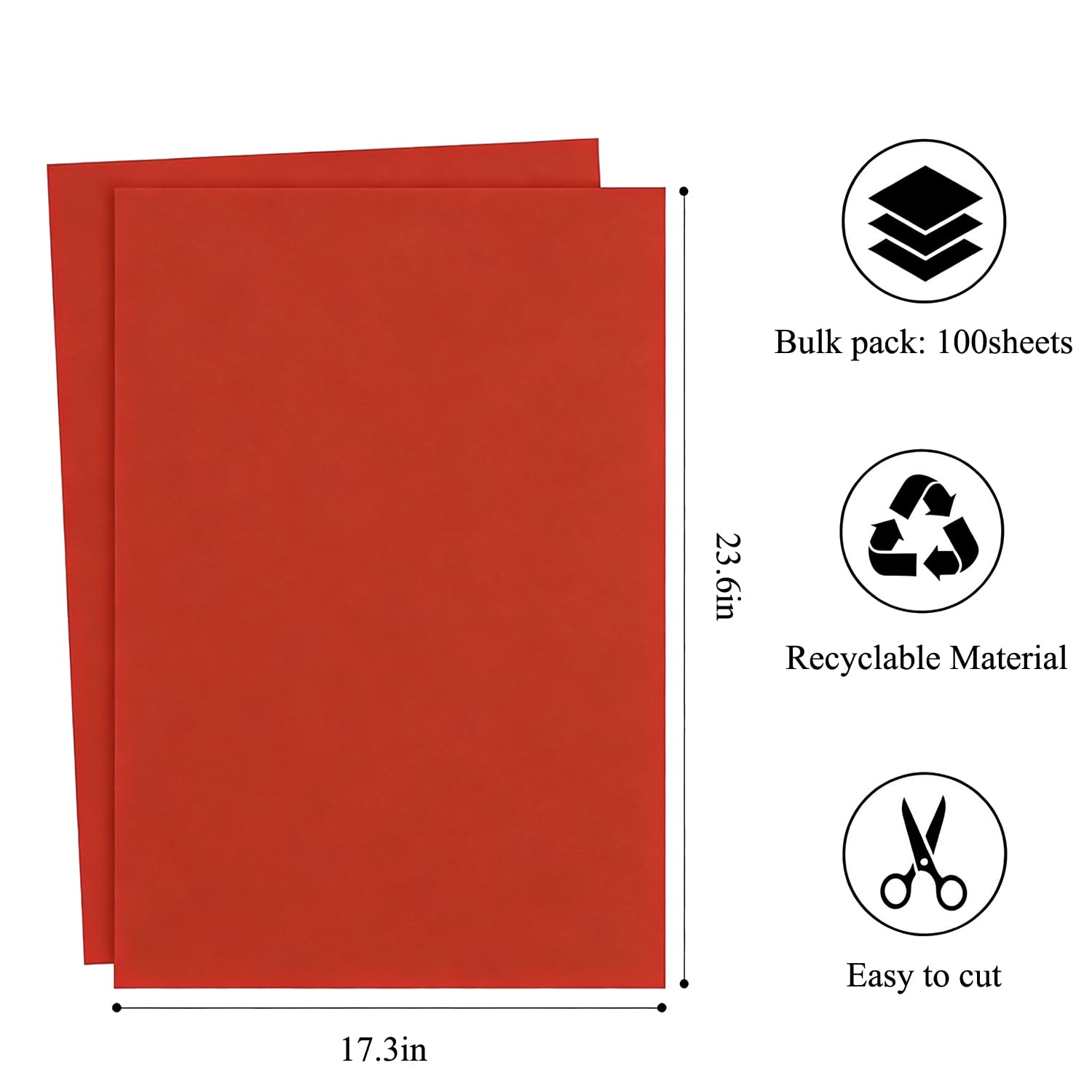 Lot de 100 feuilles de papier kraft rouge en vrac pour art - 45,7 x 61 cm - Poids moyen - Grand papier rouge pour tableau d'affichage, construction, origami-100 feuilles d'art colorées pour