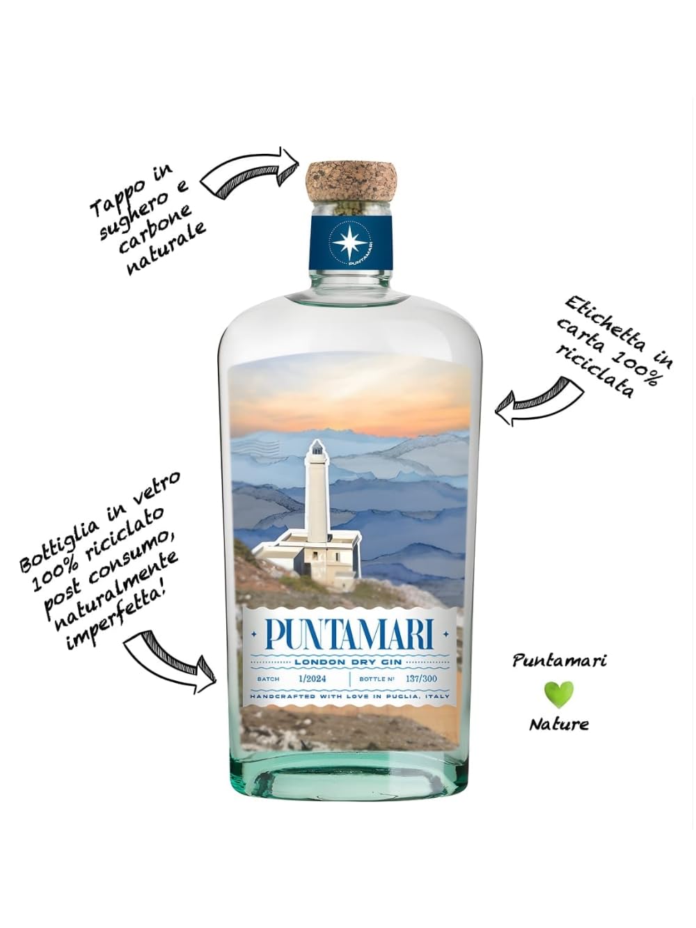 Gin Puntamari – Gin Premium London Dry Gin Italiano Artigianale, 43% Vol., Bottiglia in Vetro da 70 cl Astuccio Lux. Premiato Tra I Migliori Gin Italiani Al Mondo 2025!!!