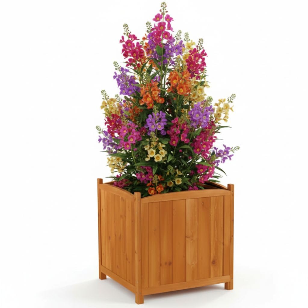 Mucola Blumenkübel Pflanzkübel Holz eckig 50 cm inkl. Pflanzfolie Braun | Für Blumen, Sträucher und Gemüse, geschwungene Abschlüsse mit silbernen Nägeln im Country-Look, auch für Innenhöfe geeignet