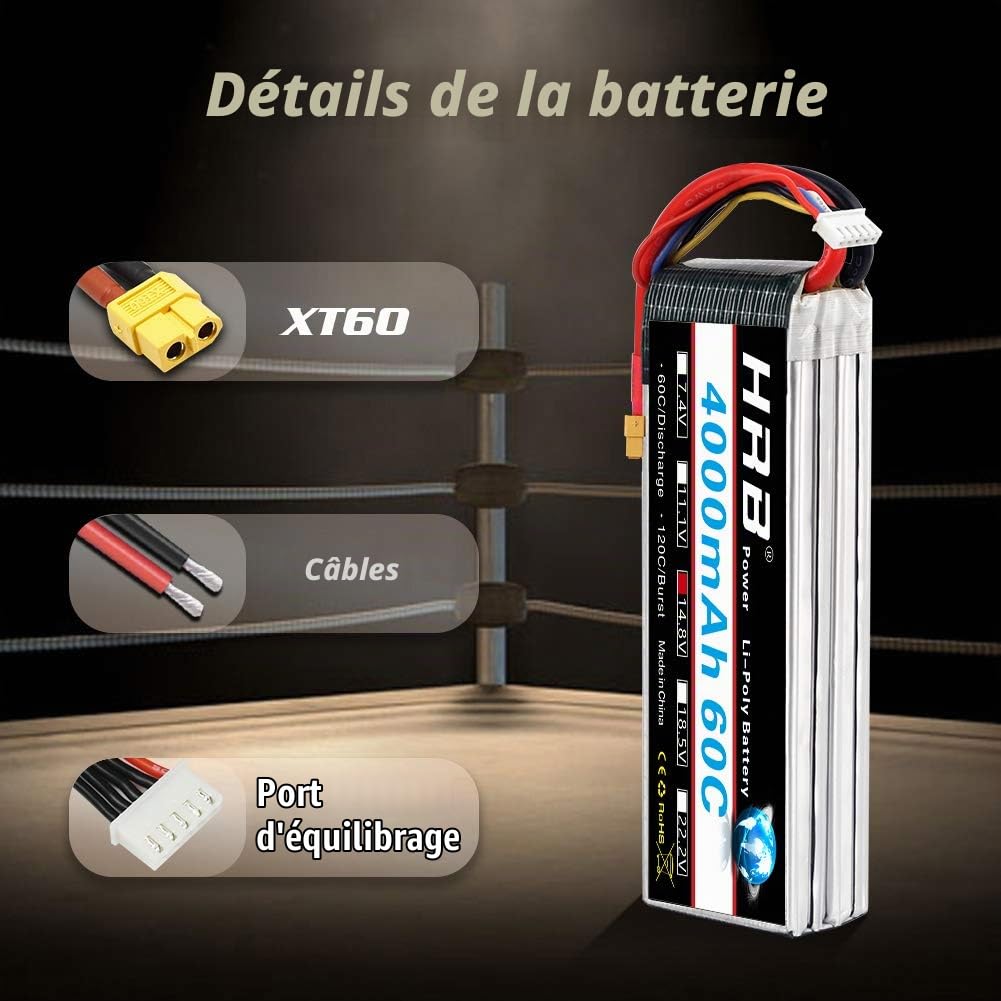 HRB 2PCS 4S 14.8V 4000mAh 60C Lipo Batterie avec XT60 Plug pour RC Hélicoptère Avion Voiture Bateau Camion