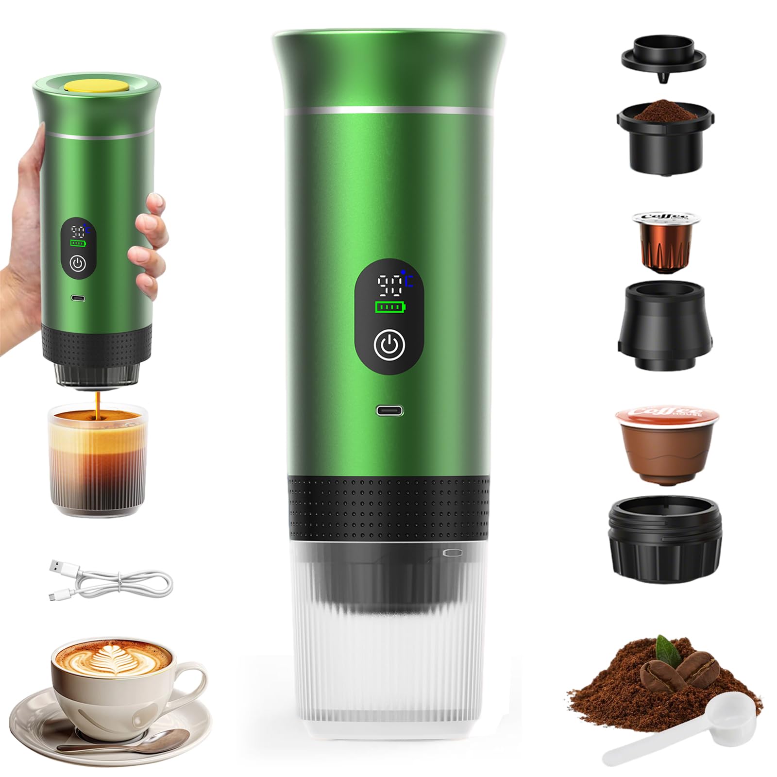 Machine à Café Portable VHV 12V - 3 En 1 (Capsules Grandes/Café Moulu) - Chauffage Rapide 4-6min - Pour Voiture, Camping