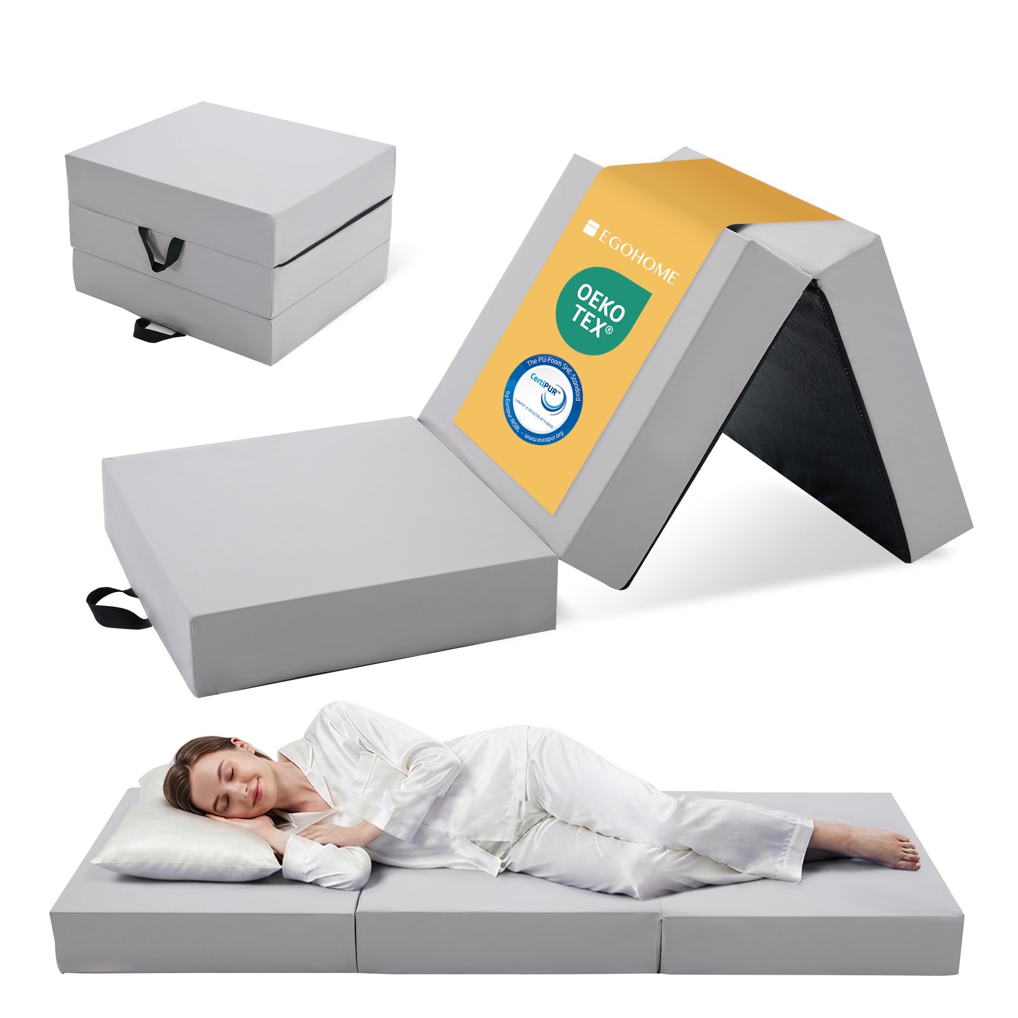 EGOHOME Klappmatratze 80x195x15 cm, H3 Bambus Komfortschaum, Grau | Wasserabweisender TPU-Bezug, Gästematratze, für Camping und Reisen, mit Tragegriffen, rutschhemmende Noppen