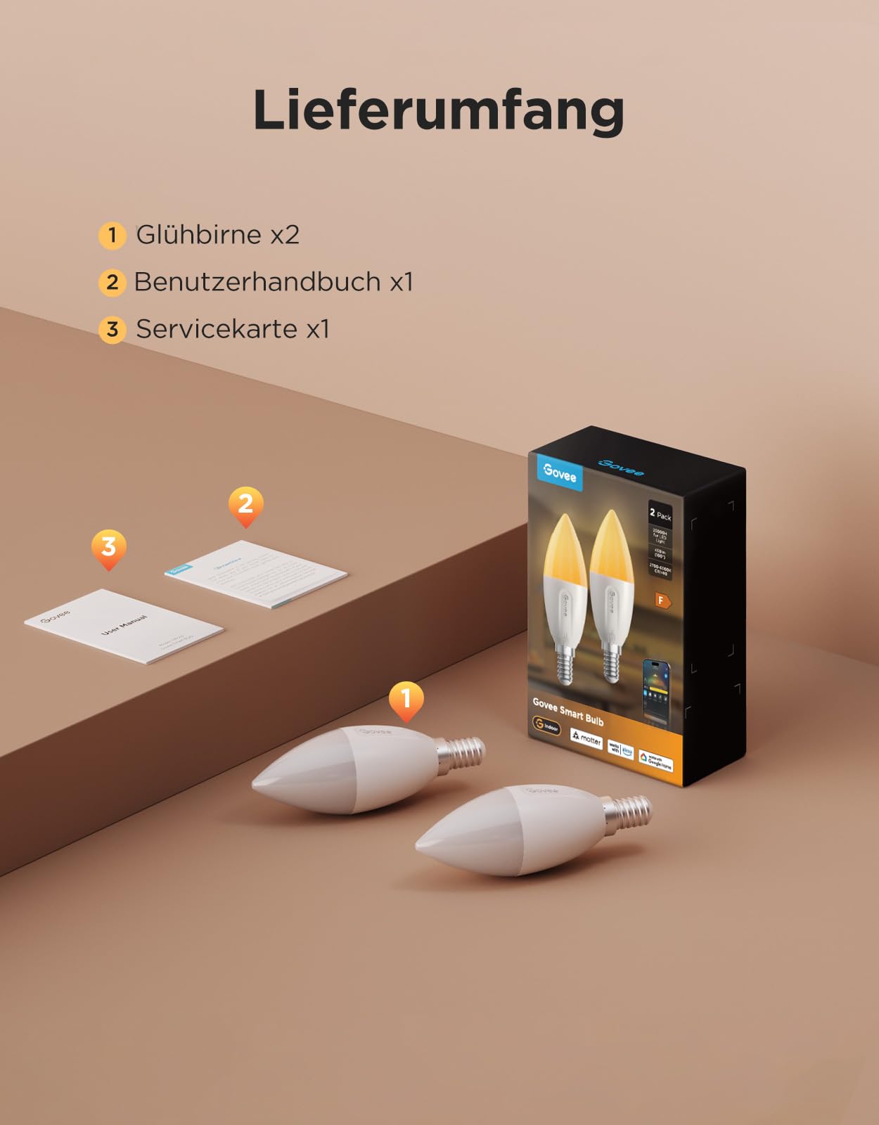 Govee Smarte Glühbirne E14, RGBWW LED Lampe, Kompatibel mit SmartThings, Matter, Alexa und Google Assistant, Smart Bulb E14 Glühbirne 450LM, dimmbare mit 16 Millionen DIY-Farben, 54 Szenen, 2 Stück