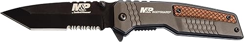 Smith & Wesson M&P Bodyguard - Cuchillo plegable S.S de 8.07 pulgadas con hoja de punta dentada de 3.5 pulgadas y mango de aluminio para exteriores,