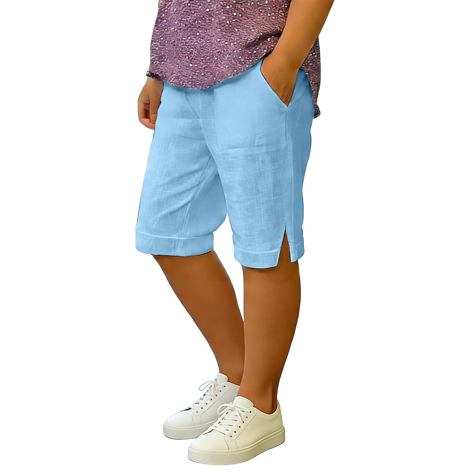 Short de plage pour filles - Longueur genou - Bermuda court en coton - Taille élastique - Pantalon d'été solide avec poches - Joli pantalon tendance et doux