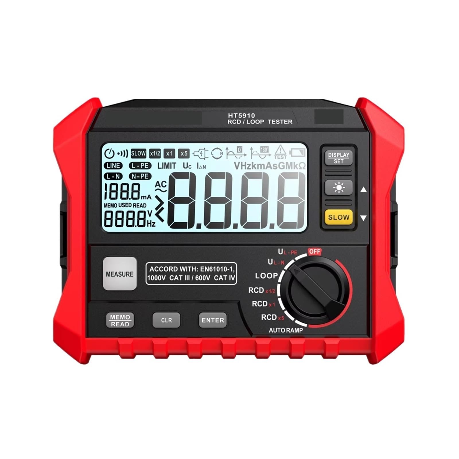 Analizzatore di reti elettriche, HT5910 Misuratore di Resistenza Interruttore Dispersione Tester LCD da 4.7 pollici Digitale RCD/Loop 1000 Memorizzazione Dati Voltmetro Elettricista