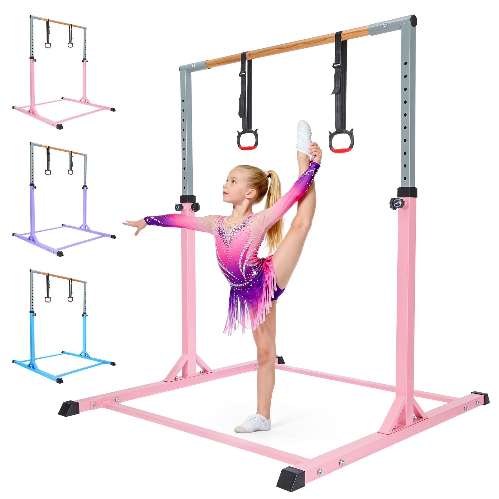 Minifactory Adjustable Gymnastics Bar for Kids Ages 3-15, Solid Wood Gymnastics Training Equipment with Rings, Height Adjustable 3ft–5ft Gym Bar for Home Use (Pink)
