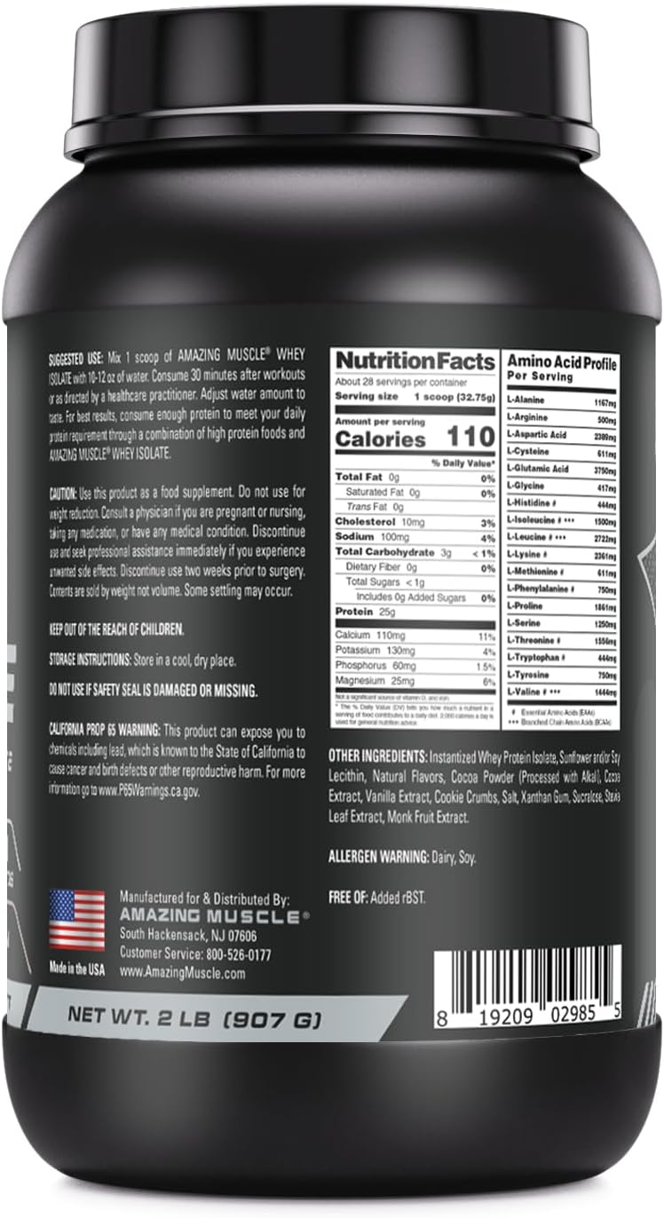Amazing Muscle Whey Protein Isolate Powder | 25 Grams Protein Per Serving | 100% Whey Isolate | Zero Fat | Made in USA (2 LB, Cookies & Cream)