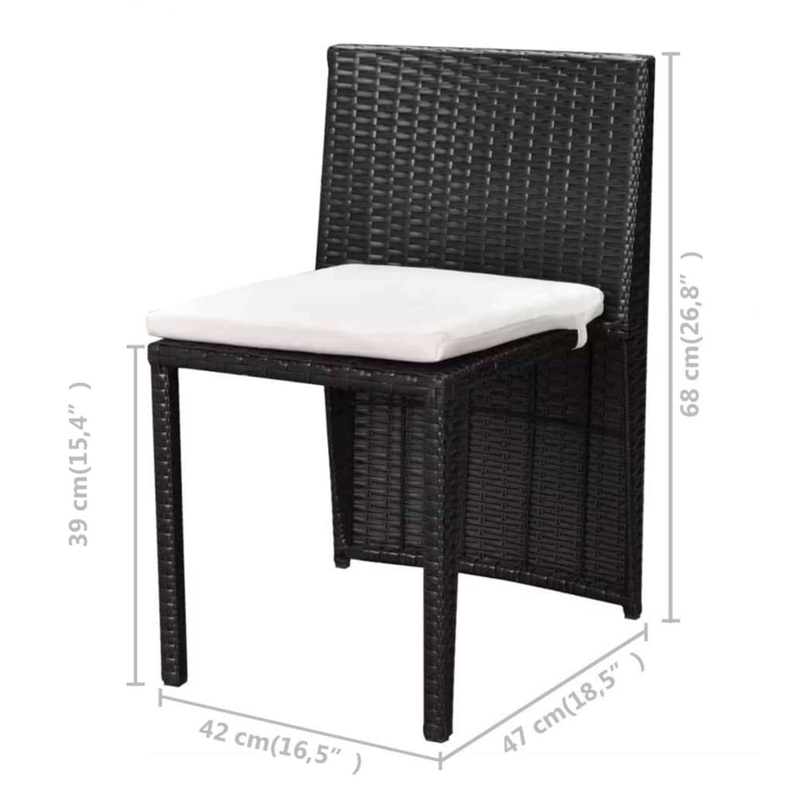 Set da pranzo da giardino in polyrattan nero, impermeabile, leggero e impilabile, tavolo da 60 x 48 x 70 cm + 2 sedie con cuscini bianco crema, per piccoli spazi esterni