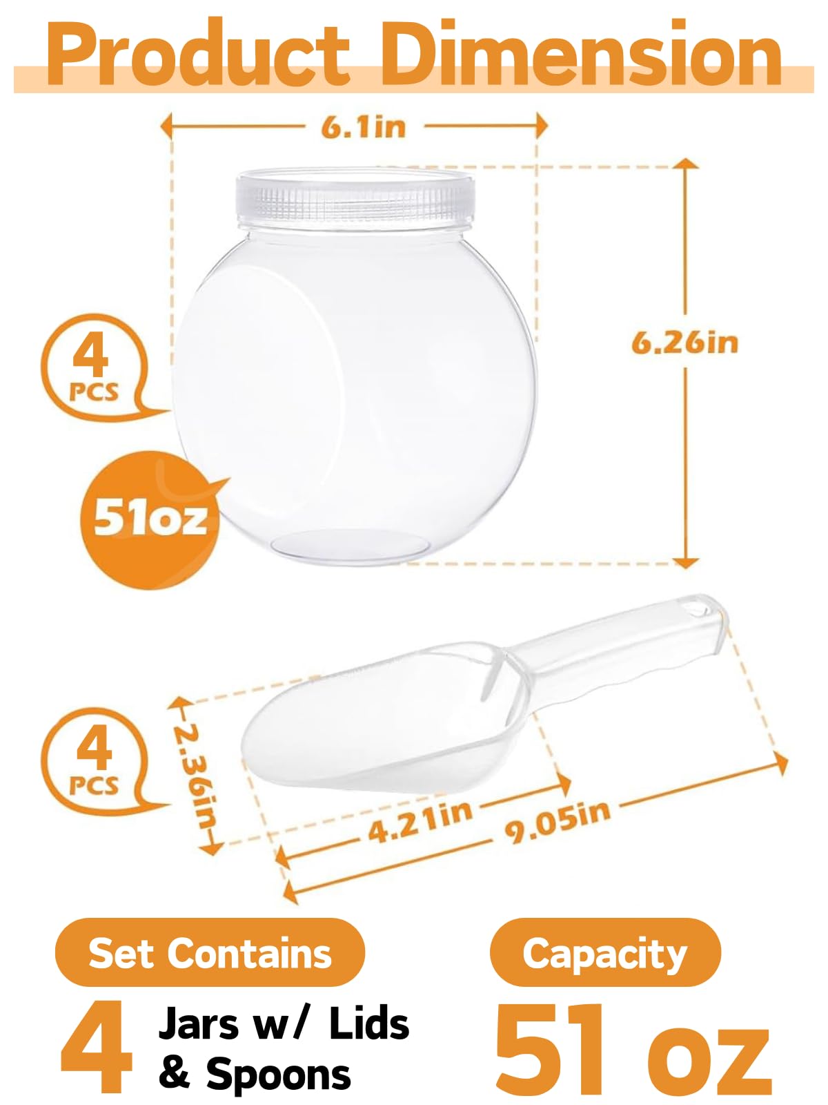 4 barattoli in plastica per caramelle da 1500 ml, con coperchio e cucchiai, set di barattoli in plastica trasparente con etichette e penna per caramelle, buffet, caffè, contenitori per