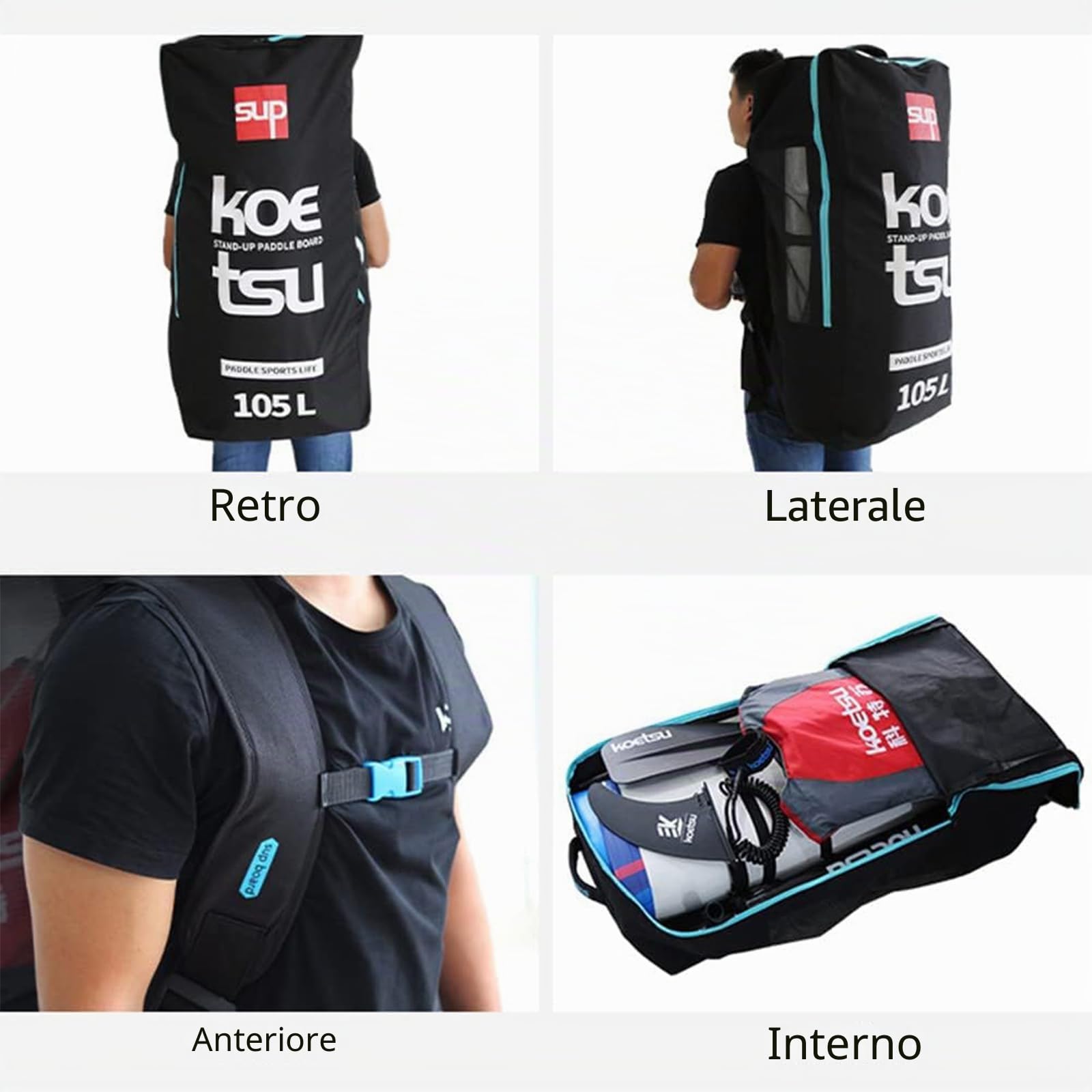 Borsa per tavola da paddle, 80 l/105 l, borsa per kayak gonfiabile, grande capacità, zaino per tavola da surf e sup, borsa impermeabile Oxford per barca in piedi