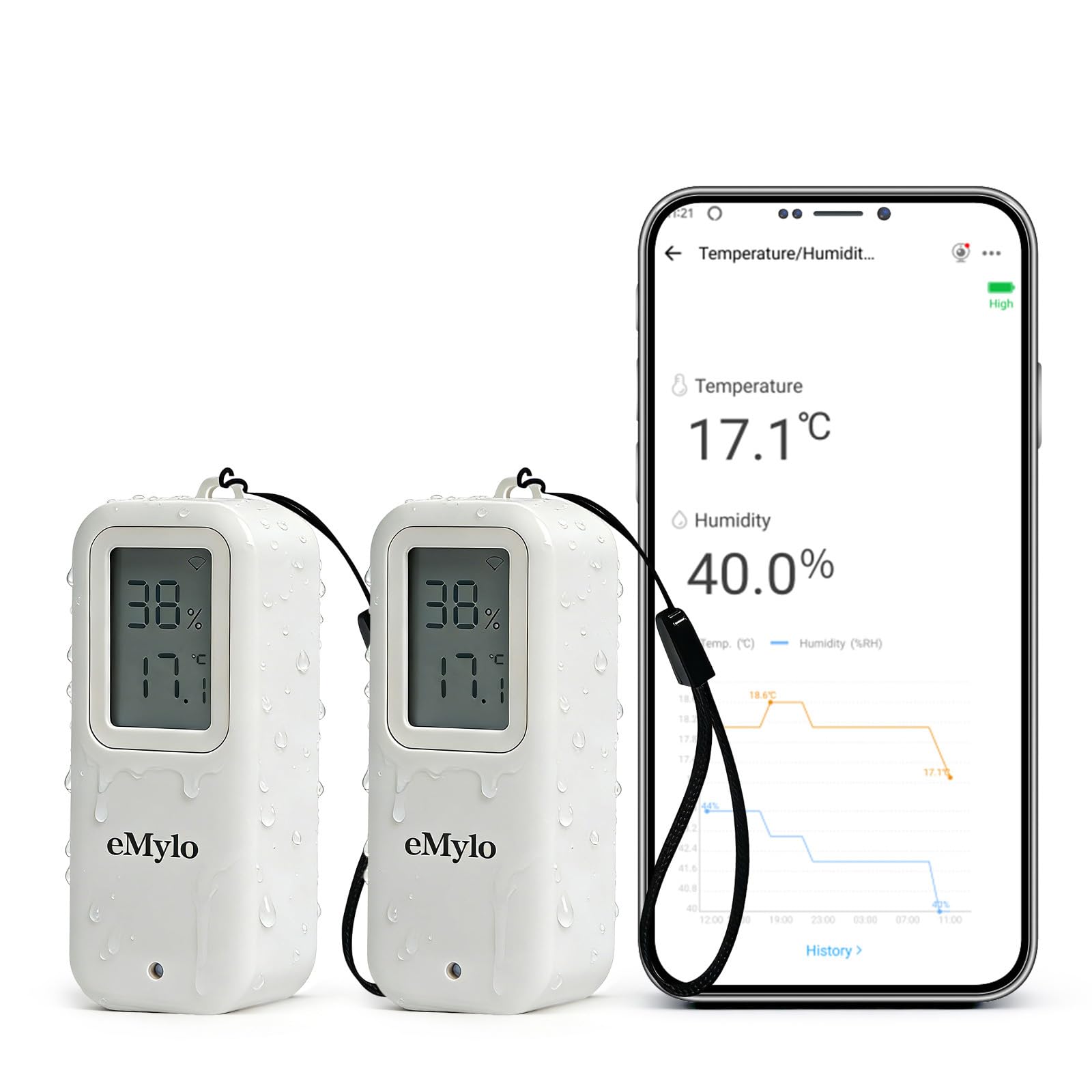 eMylo Zigbee - Termometro e igrometro, confezione da 2, sensore di umidità di temperatura IP65 con display digitale a LED, hub Zigbee richiesto, monitoraggio remoto e automazione domestica