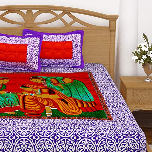 Image of Story@Home Vintage Jaipuri Collection 152 TC Cotton 1 Bedsheet for Double Bed and 2 Pillow Cover - Floral, Purple
