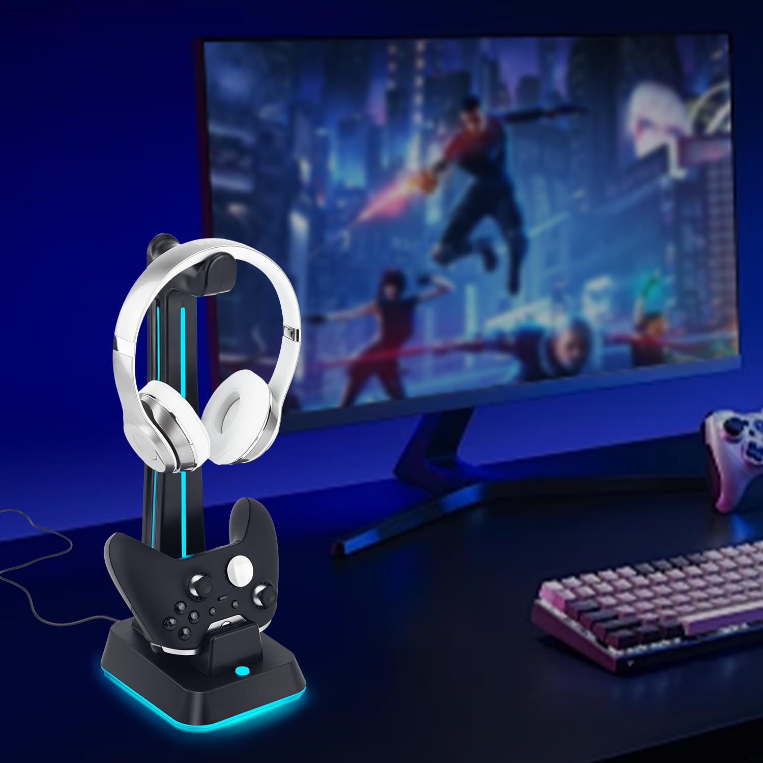 Wigearss Stazione di Ricarica, Caricatore per Xbox Series X/S, Xbox Elite 1/2, Xbox One, Xbox One X/S Controller DualSense con Supporto per Cuffie, Illuminazione RGB