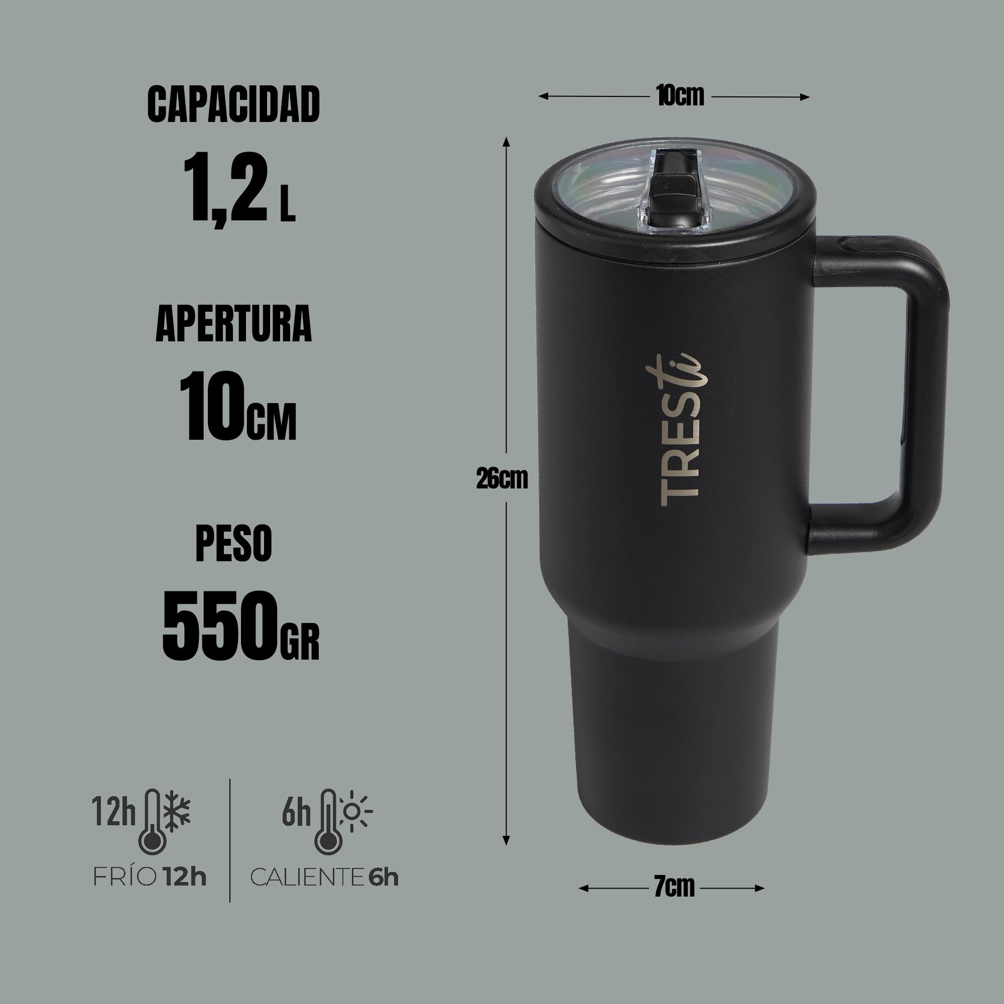 Termos in Acciaio Inox 1,2L – Borraccia Termica 100% Antiperdite – Bevande Fredde 12H/Calde 6H – Per Caffè, Tè, Acqua, Tisana – Bottiglia Doppia Parete con Manico Antiscivolo - Senza BPA – Nero