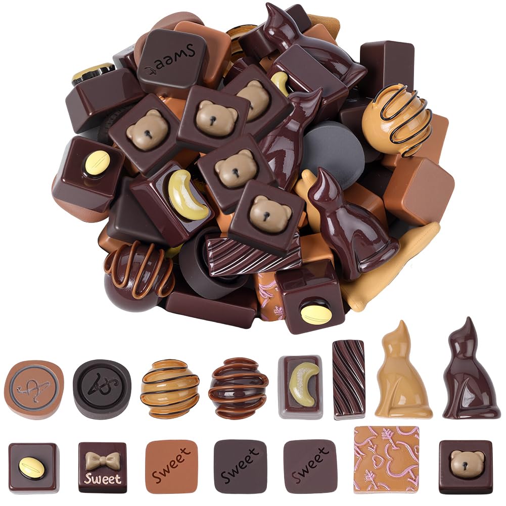 SUNNYCLUE 1 Box 60Pcs Artificial Chocolate Mini Resin Chocolate Bulk Miniature Simulation 3D Brown Faux Dessert Food Figure Charms for Home Office Desk DIY Supplies Garden Decor Display Women Adults