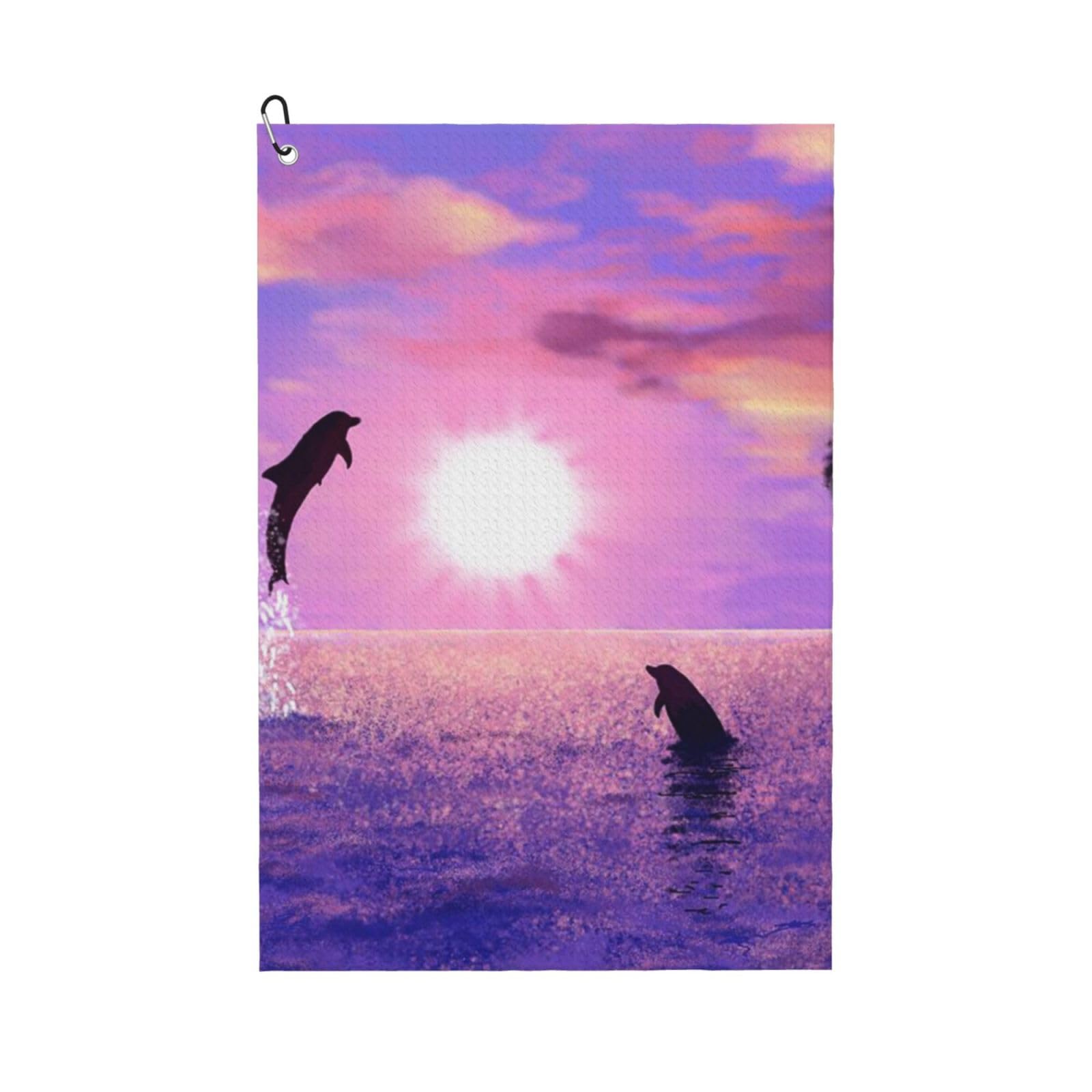 Hnnkloy Sunset Dolphins, 16x24 in Portable Waffle Golf Towels with Carabiner Clip for Golf Bag