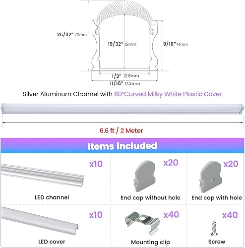 Miniatura 2 de Muzata Paquete de 10 canales LED de 6.6 pies6.6 ft excelente con cubierta blanca lechosa de aluminio plateado en forma de U canal LED para tiras de