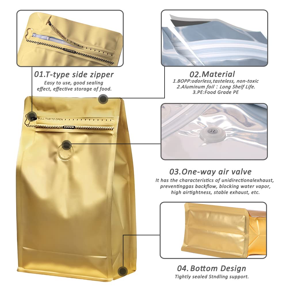 REMTAP Torby na kawę z zaworem (50 szt., 8 uncji) złota wysoka bariera folia aluminiowa płaskie dno stojące torby do przechowywania ziaren kawy, wielokrotnego użytku zamykane termicznie boczne woreczki na zamek błyskawiczny do domu lub sklepu