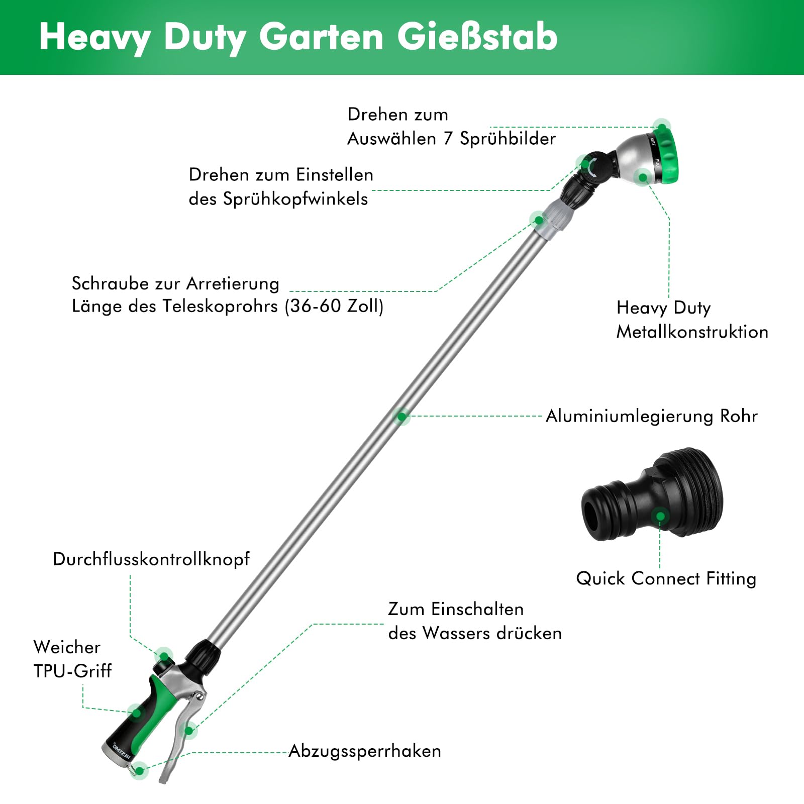 RESTMO Langer Teleskop Gießstab 92-152 cm, Lang Gartenbrause Metall mit 180° schwenkbaren Kopf, 7 Sprühmustern, Durchflusskontrolle, Bewässerung Zauberstab zum Blumenampeln und Sträucher, Grün