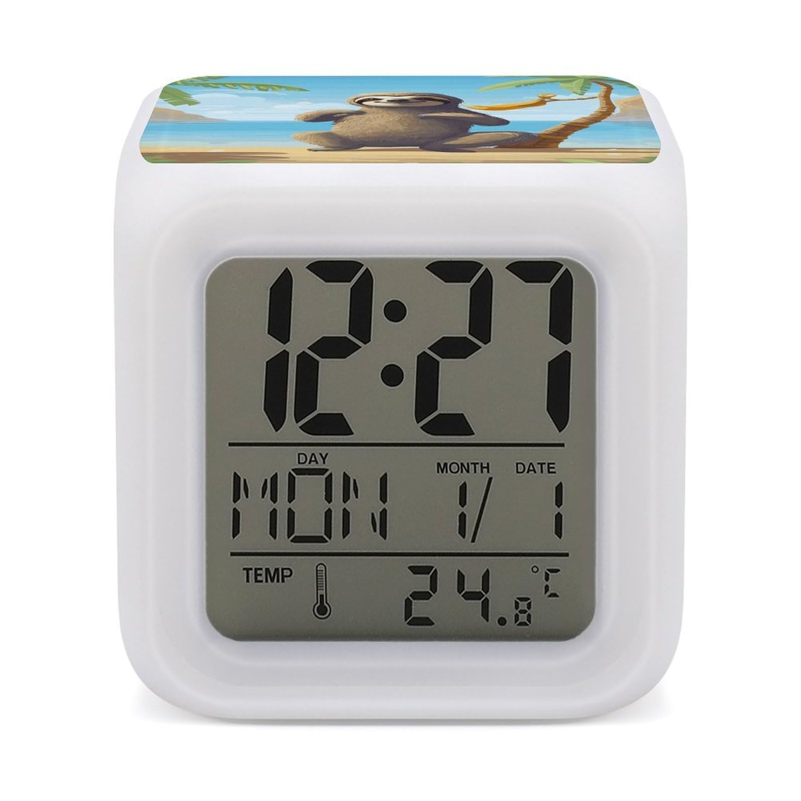 FekiLoot Sloth on Beach Alarm Clock for Heavy Sleepers Small Digital Alarm Clock with Date Temperature Wake Up Digital Clocks with 7 Colors Changing Desk Clocks for Bedroom Bedside Nightstand