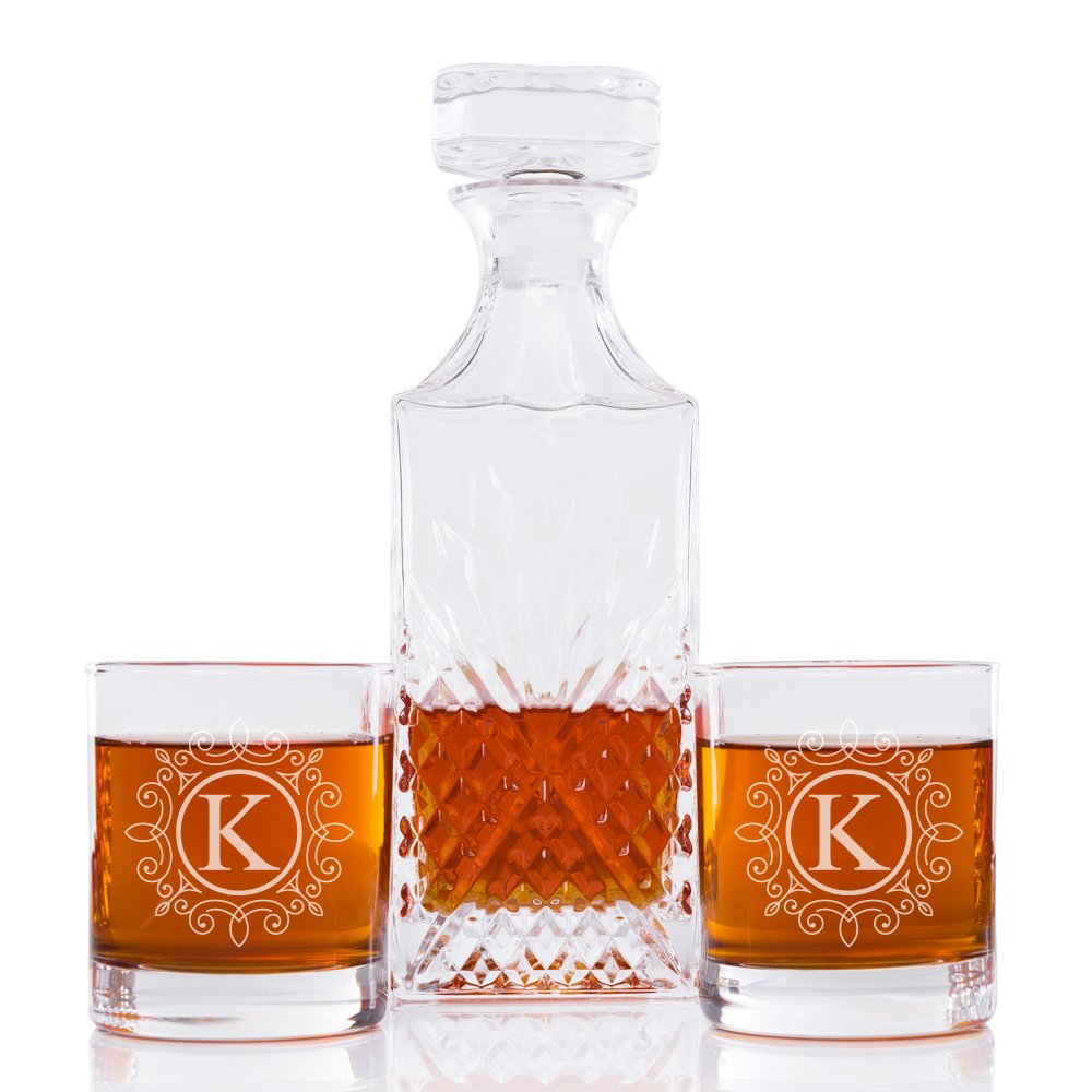 Ornate Monogram Bevel Decanter and Rocks Glasses (Set of 5), Letter K