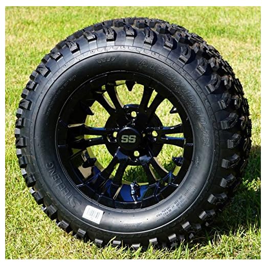 12" Vampire Gloss Black Aluminum Golf Cart Wheels and 23X10.5-12 All Terrain Golf Cart Tires Combo - Set of 4