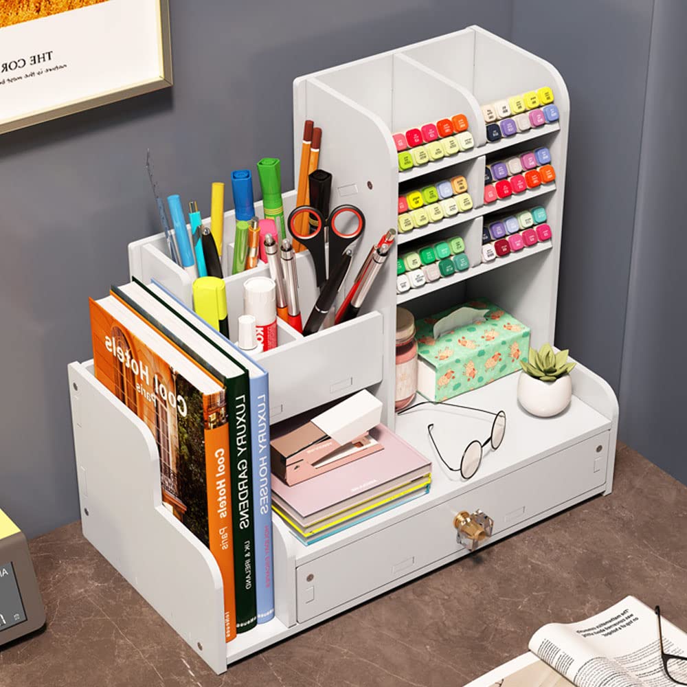 NUODWELL Organizador de escritorio con cajón, soporte para lápices y organizador de suministros de arte para el hogar, la oficina y la escuela, blanco
