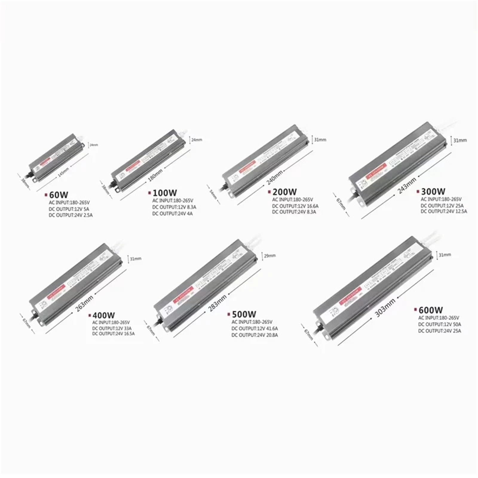 Alimentatore for driver LED da esterno impermeabile IP67 AC175-265V a DC 12V 24V(100Watts,DC24V)