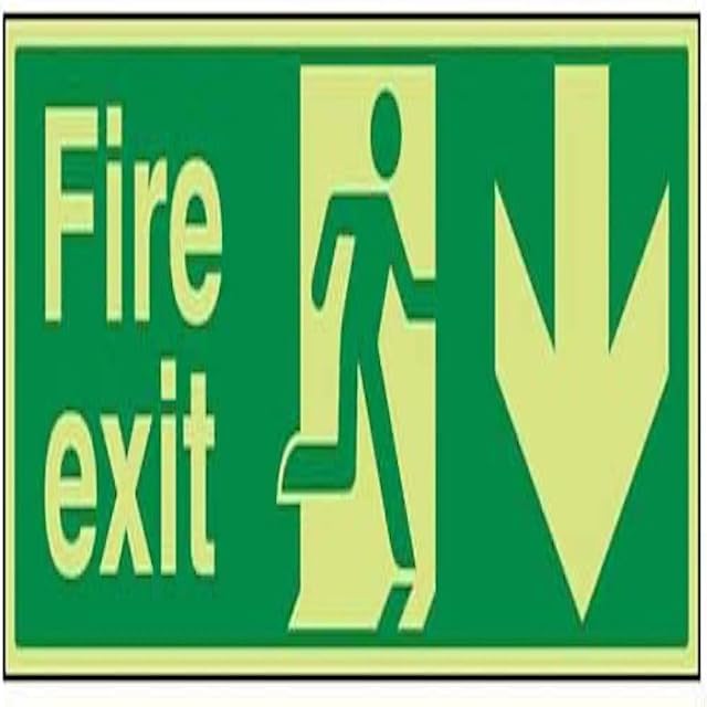 VSafety Glow In The Dark Fire Exit Arrow Down Sign - 300mm x 100mm - Self Adhesive Vinyl