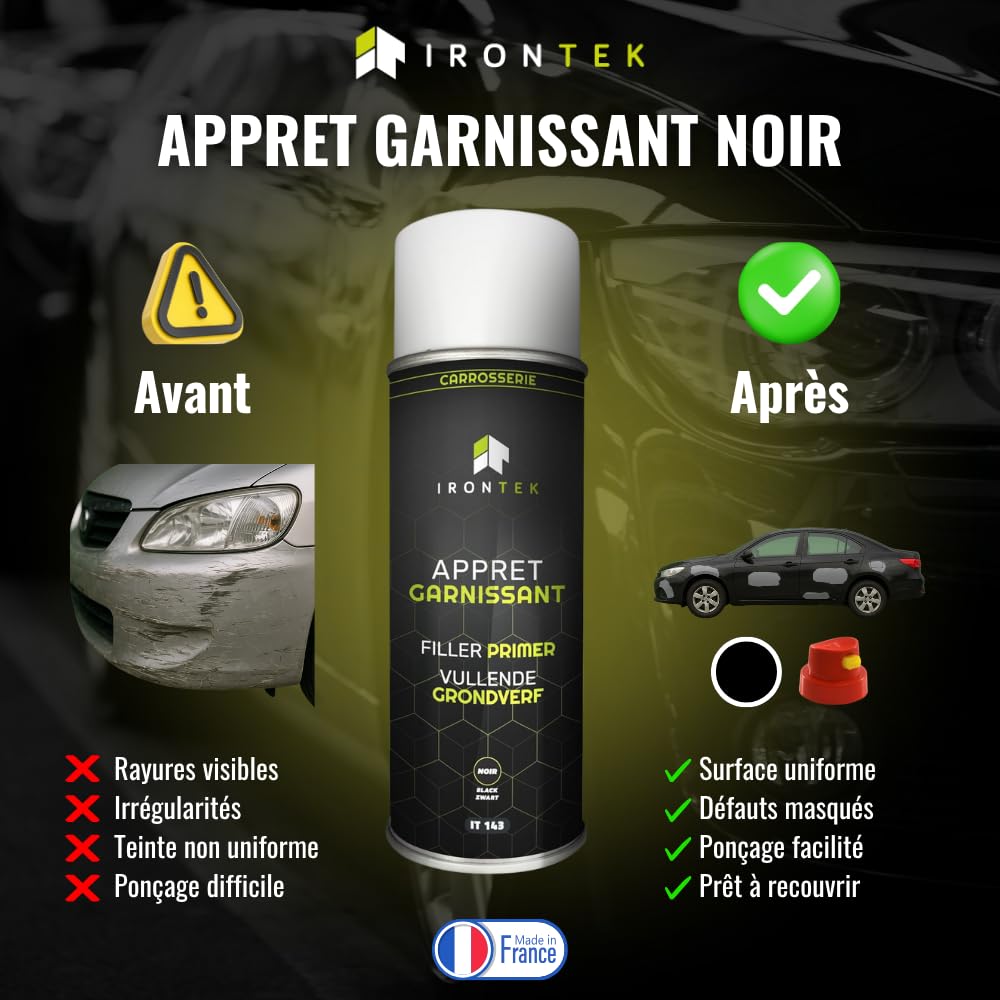 Apprêt Garnissant Carrosserie Noir 500ml - IRONTEK | IT143 | Mono-Composant Sans Primaire | Séchage Rapide Ponçage Facile | Auto & Moto | Formule Professionnelle