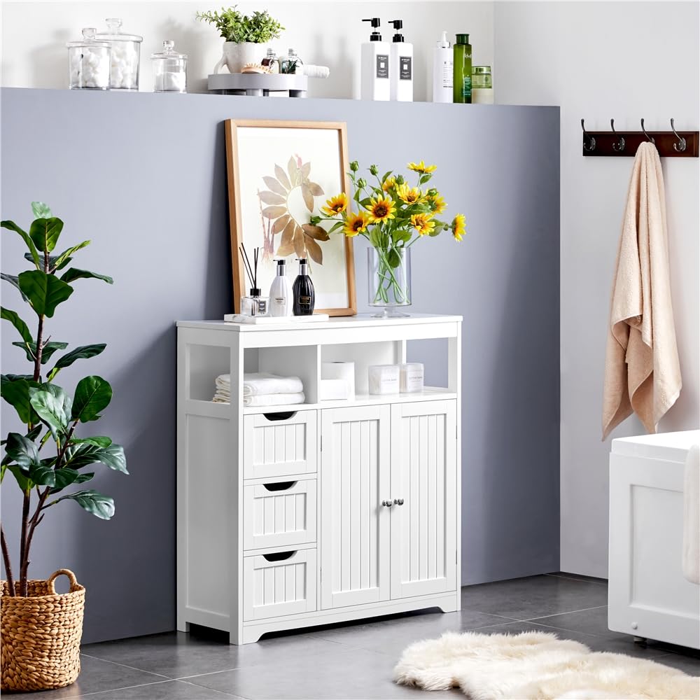 Yaheetech Armoire Colonne Salle De Bain Blanche 60x30x165,5cm - Meuble Rangement 4 Tiroirs Et 2 Portes Verre