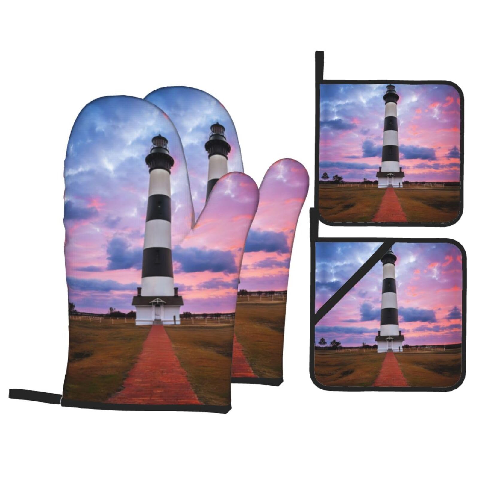 Beauty Lighthouse Printed Baking 4-Piece Set, includes oven mitts and a heat-resistant mat, suitable for oven and BBQ use