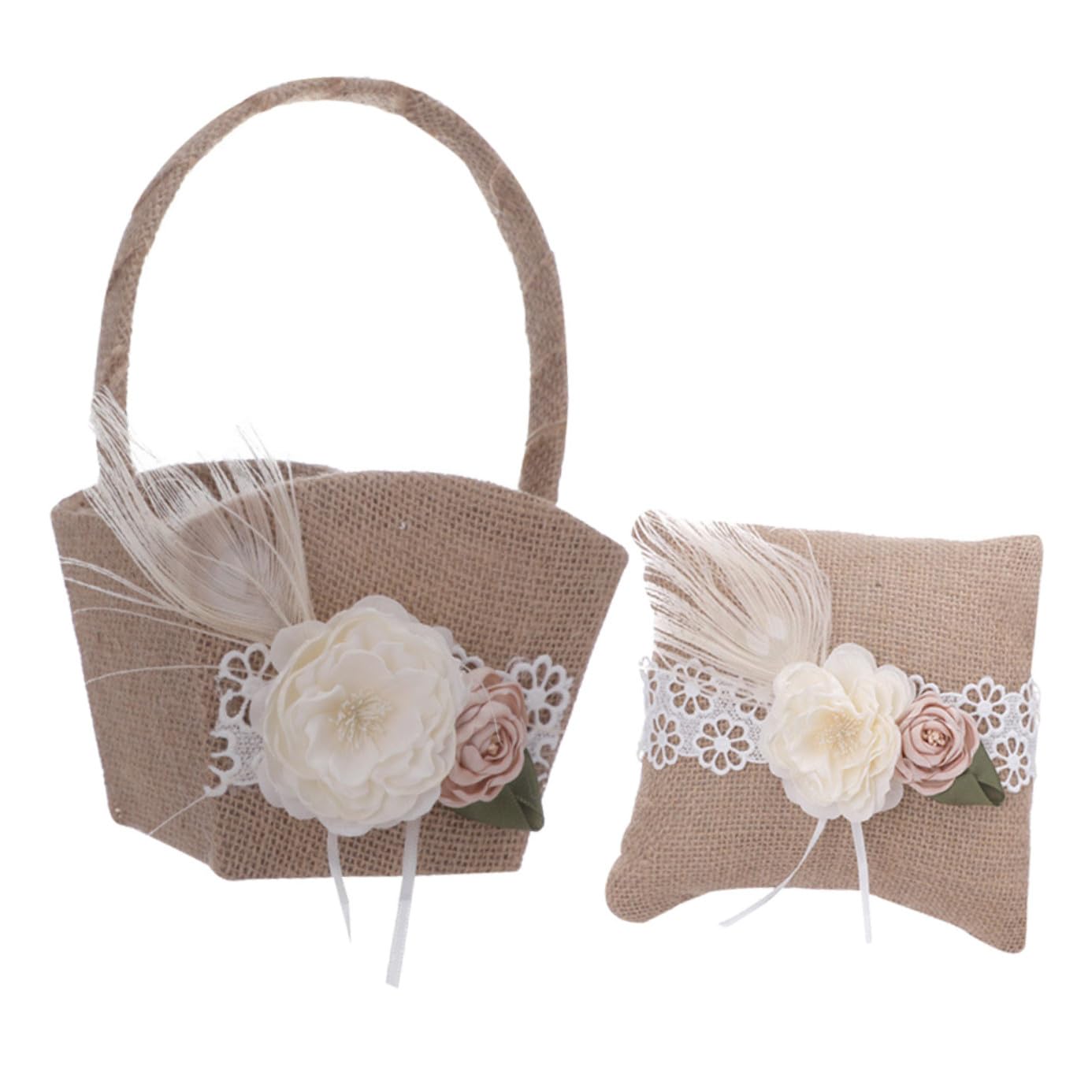 FOMIYES Blumenmädchenkorb und Ringkissen Satz aus Jute Handgefertigt Vintage Hochzeitsdeko für Trauung und Verlobung