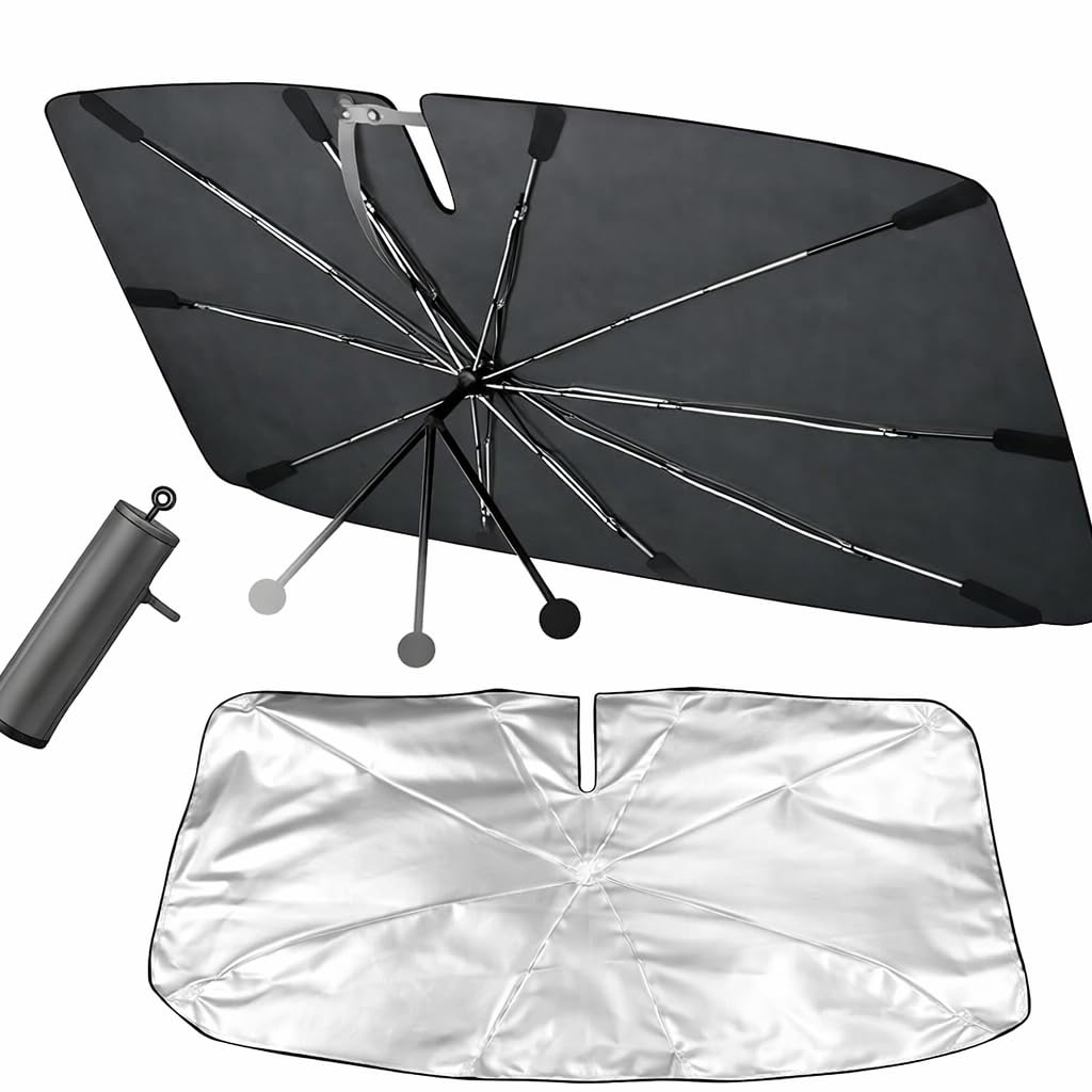 Parasole Auto Ombrello Parabrezza Interno 142x79 cm, Manico Pieghevole 360°, Copertura Completa, Protezione UV e Anti Calore, Parasole Pieghevole con Custodia