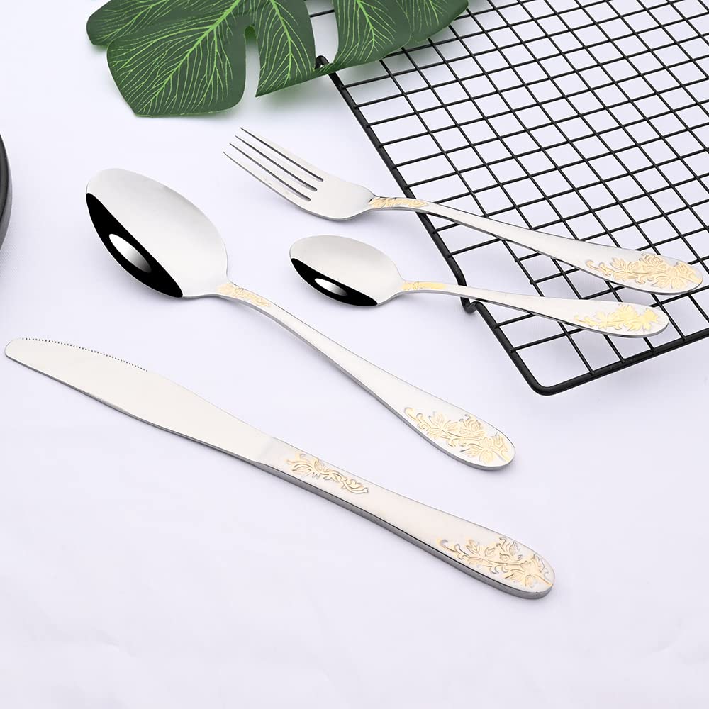 Ensemble de couverts en argenterie, 24 pièces, ensemble luxe acier inoxydable, kits vaisselle à fleurs, couteau steak argenté bronzé, fourchette, cuillère thé