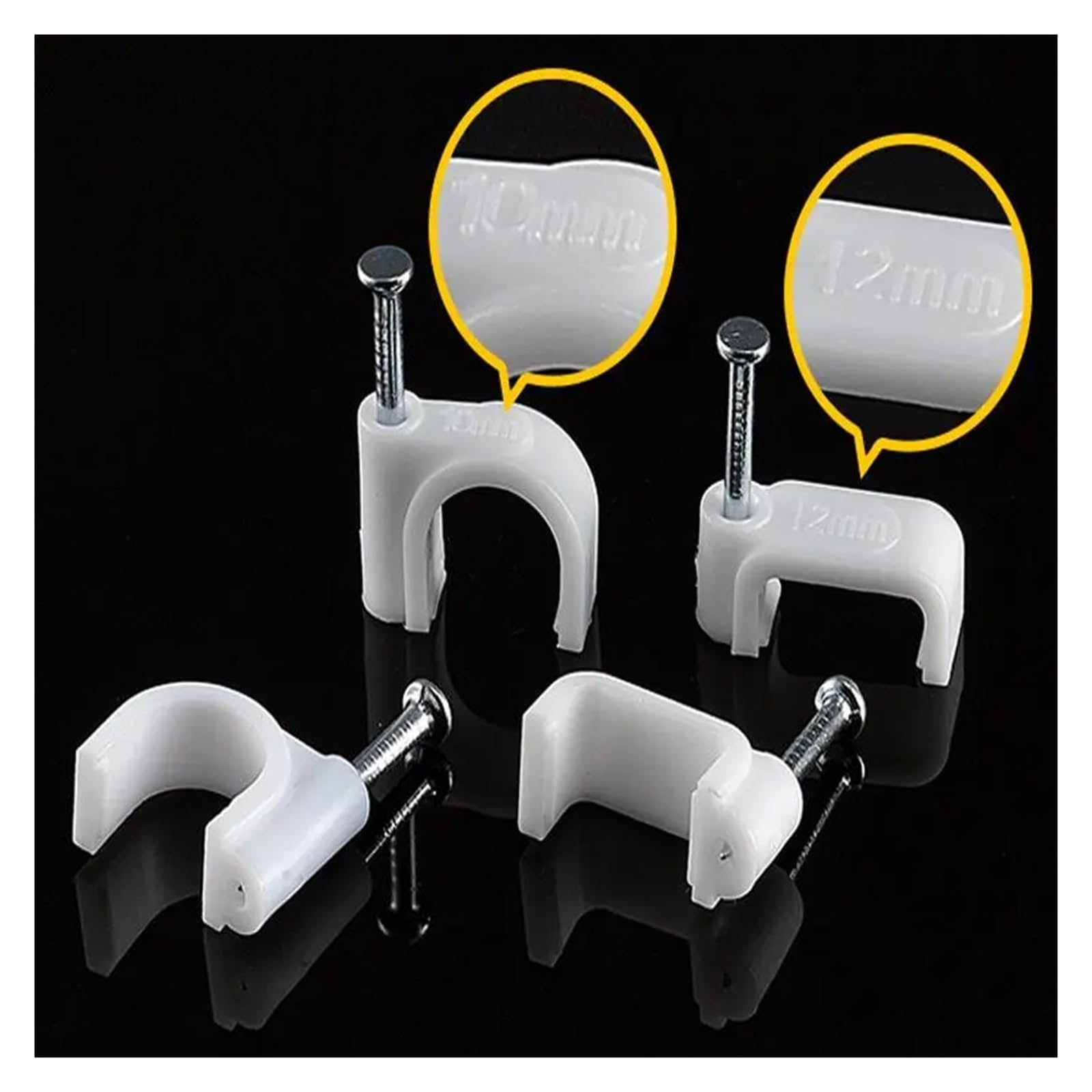 Clips for cables con clavos, for redondos de acero, blancos, 4-12 mm, 100 unidades(Internal Width 10mm)